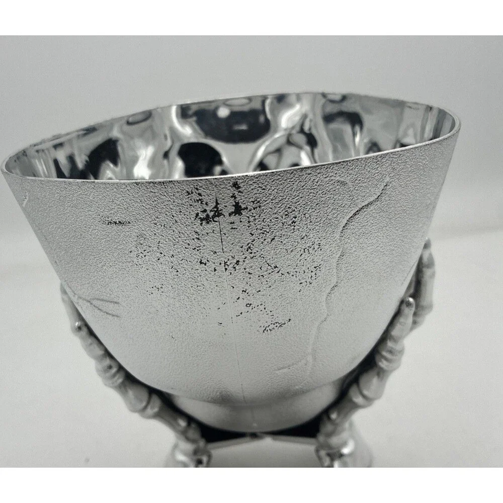 Halloween Skeleton Skull In Hands Candy Planter Bowl Silver Tone NWT 5” X 7”